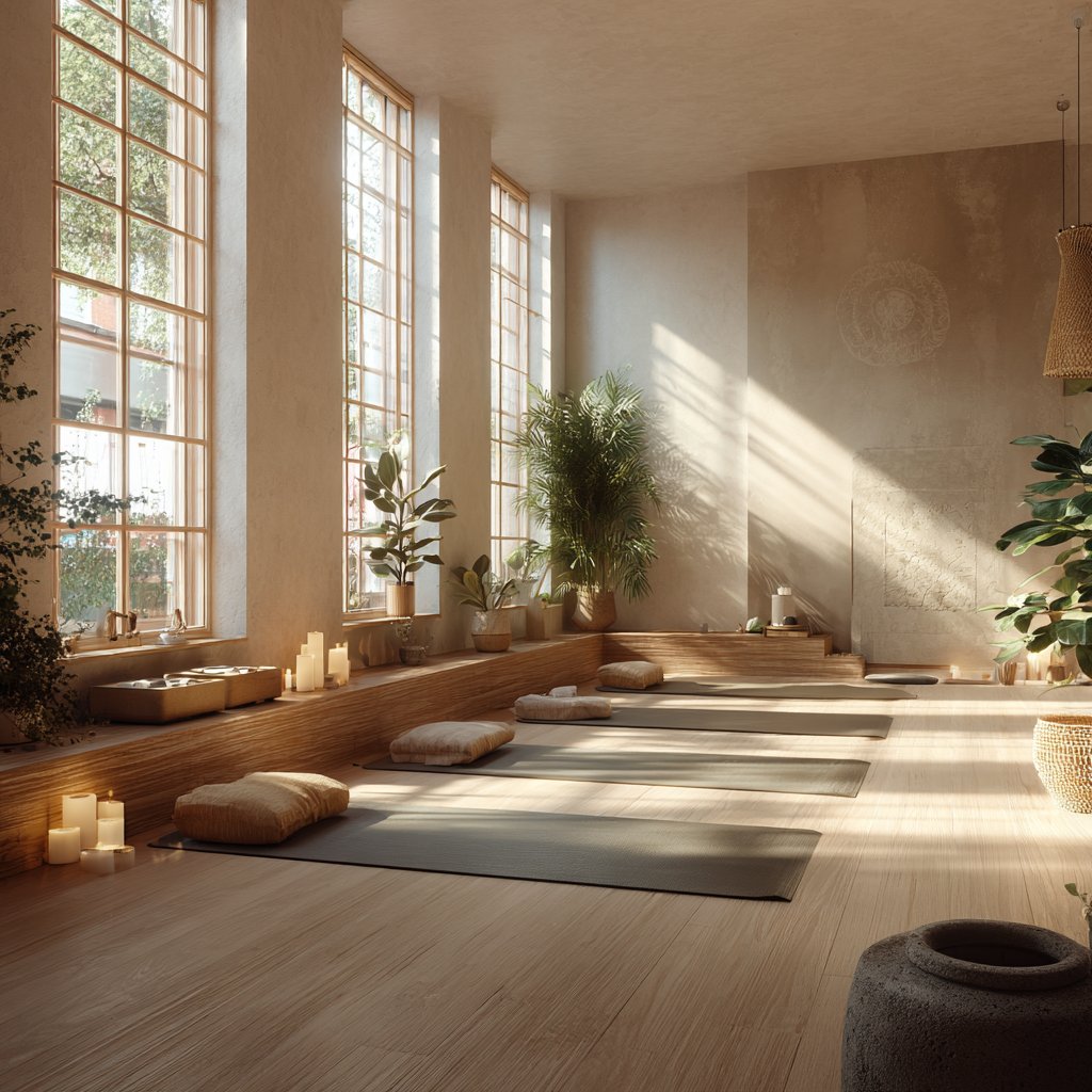 Група людей практикує йогу в студії